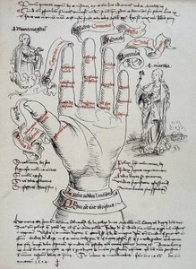 Saint Brigitte, with her gifts as visionary, is invoked to know the date of death of a person, reading the lines of the hand. Saint Mary Magdalene and Martha appear on each side of the hand by Unknown artist