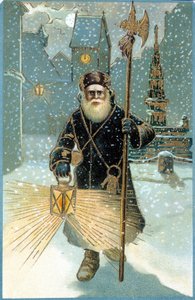 Santa Claus in the night with lantern. 19th century postcard by Unknown artist