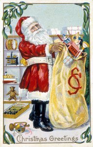 Santa Claus preparing gifts - Christmas card. American greeting card late 19th century
