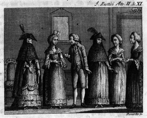 Scene 11 of Act II of the comic piece “I rustici” (Les rustres) (1760) by Carlo Goldoni (1707-1793). Engraving of the 18th century