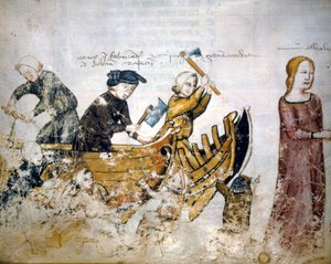 Scene of shipbuilding in the 13th century.