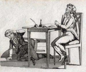 Schoolers have a table with inkcrib. Engraving late 18th century. Private collection. by Unknown artist