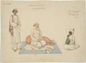 Shah Inayat Allah of Sind with his Musician Makkhu and his Attendant Shaykh Qiyam al-Din, page from the Fraser Album by Unknown artist