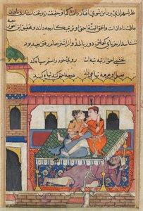 Shahr-Arai and her lover dallying on a bed beneath which is concealed her husband, from a Tuti-nama (Tales of a Parrot): Fortieth Night