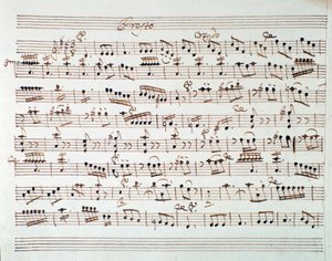 Sheet music page for the first violin in the opening of Mithridate, King of Pontus, opera by Mozart (1770)