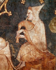 Shepherd Blowing in a Bagpipe. Detail. 14th century fresco. From Olite (Navarre). Museum of Navarre, Pamplona