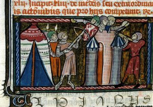 Siege of a castle. Miniature from a 13th century manuscript. Milan, Biblioteca Trivulziana