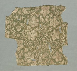 Silk fragment with scrolling vines, grape leaves, grapes and birds by Unknown artist