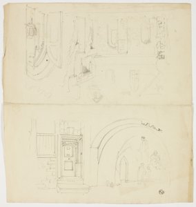 Sketches of Doorway, Figures, Building with Side Entrance to Church (recto); Sketch of Spire (verso) by Unknown artist