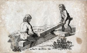 Swing: two children on a butt tape. Engraving late 18th century. Private collection. by Unknown artist