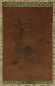 Tapestry: a bowl, two jars, flowers, and fruit