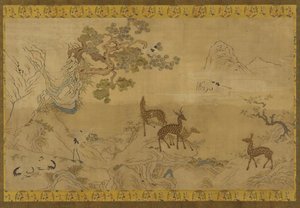 Tapestry: Landscape with Deer, Storks, Pines, and Peach-Tree by Unknown artist