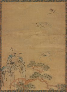 Tapestry with Cranes, Rocks, Pines, and Clouds
