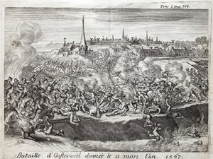 The Battle of Oosterweel, held on 13 March 1567, the first confrontation of the War of Eighty Years. Engraving to illustrate History of the War of Flanders, by Flamianus Strada, edition Joseph T