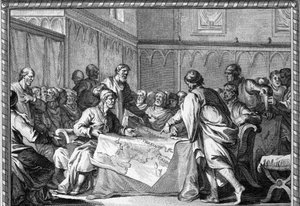 The Carolingian Empire was divided between the three sons of Louis the Pious: Lothaire I, Louis the Germanic and Charles the Bald, according to the Treaty of Verdun (843). Engraving of the 18th century.