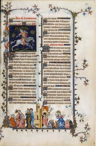 The Danish prelate and statesman Absalon or Axel (1128-1201), who wiped Denmark from pirates, dies suspended from a tree. Below, an allegory of madness, the prophet Daniel explains his dream to King Nebuchadnezzar by Unknown artist