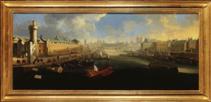 The Grande Galerie of the Louvre, with the Porte Neuve, the Pont-Neuf, the Cité, the Collège des Quatres-Nations under construction and the Quai Malaquais by Unknown artist