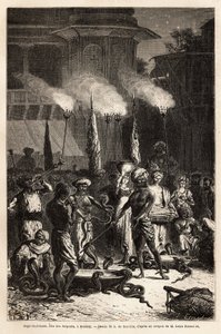 The Pantchami naga, or snake feast, in Bombay, to ensure protection against their deadly bites, long processions of women cross the streets to the outskirts of the temples, where they will find offerings of rice and sugar to the god Krishna, who killed the