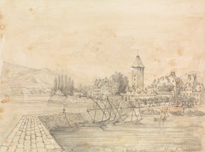 The Port of Ouchy; graphite study of two women with caps by Unknown artist