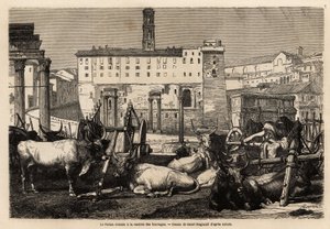 The Roman forum has the rent of fodder, the oxen lie in the middle of carts and ancient ruins. Engraving to illustrate the voyage to Rome by Unknown artist