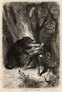 The author, during an excursion around Jacksonville, is surprised in the forest by a domestic bear and chain. Engraving to illustrate the story four months in Florida by Unknown artist