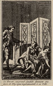 The baron surprises Candide giving a lesson in experimental physics to his daughter. Frontispiece for 