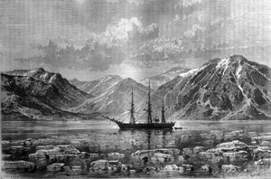 The boat of Nils Adolf Erik Baron Nordenskjold, “Vega”, at Konyam-bay. Engraving around 1880.