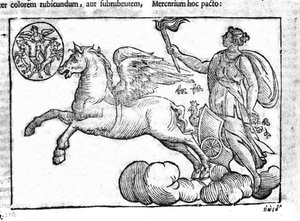 The dawn (the chariot of the sun). Allegory of the sunrise with the characters of Greek and Roman mythology in the sky. Engraving from Mythologiae sive explicationes fabularum by Natalis Comitis. 1637 by Unknown artist