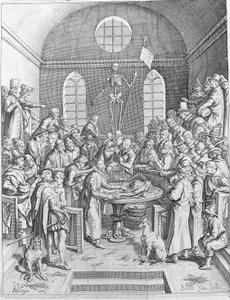 The dissection group of doctors and scientists reunited to follow a dissection in an amphitheatre by Unknown artist