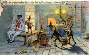 The elves, wonderful characters of the popular tradition: they prepare bread while the bakers sleep. Chromolithograph of the 19th century.