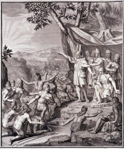 The first Inca Manco Capac and Queen Coya Mama Oello Huaco his wife both children of the Sun gather the savages - in Historical Journey of South America done by order of the King of Spain by Don Georges Juan & Don Antoine de Ulloa, T.II, ed. Jombert by Unknown artist