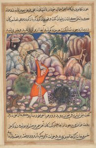 The fourth man digs at the spot where he dropped the shell, expecting jewels, but discovering mere iron, from a Tuti-nama (Tales of a Parrot): Forty-seventh Night by Unknown artist