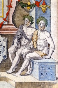 The lares gods: they protect the house and its inhabitants (they are the spirits of the ancestors) (engraving of the 16th century)