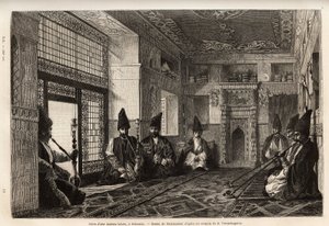The living room of a rich Tatar house in Schusha (Transcaucasia, Russia), where men gather, sitting on carpets to smoke the pipe and chat. Engraving to illustrate the voyage in the provinces of the Caucasus, by Basile Vereschaguine, in 1864-1865, published by Unknown artist