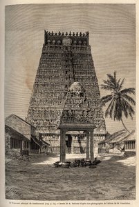 The main gopuram of the temple of Rama a Combaronum, composed of 11 floors, and topped by 11 balls, the various faces of this pyramidal tower are completely covered with statues. Engraving to illustrate the journey to the meridional provinces of India