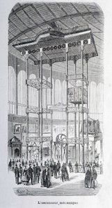 The mechanical lift of the engineer Edoux at the world exhibition of 1867 (engraving)