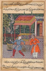 The merchant of Tirmiz takes the wise parrot and myna to Ubaid, from Tales of a Parrot: Forty-second Night