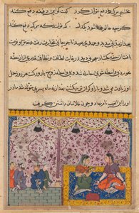 The merchant’s daughter gives birth to a son as a result of eating out of the box. The clever child recognizes the false gems from true, from Tales of a Parrot: Twenty-third Night by Unknown artist