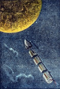 The Rocket Launched into Space Arriving at the Moon - Engraving in “From the Earth to the Moon” by Jules Verne
