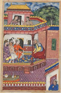 The three young men present themselves as suitors for the hand of Zuhra, the daughter of the merchant of Kabul, from a Tuti-nama (Tales of a Parrot): Thirty-fourth Night