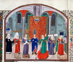 Theory of Theological and Cardinal Virtues. Miniature from the Manuscript Commentary on Political and Economic Ethics by Aristotle, Translated by Nicolas Oresme by Unknown artist