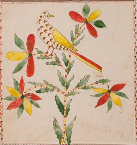 Tiny Yellow and Red Bird on Flowering Twig