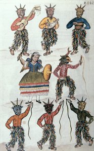 Traditional dance of the Diablicos in Peru, from the book Trujillo del Peru or Codice Martinez Compañón, by Baltazar Martinez Compañón y Bujanda, bishop of Trujillo (1782-1785)