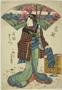 Two states of same print showing a woman apparently a seamstress who stands isolated on the page with a landscape fan behind her across top of print. From the Series: Famous Places in the Eastern Capital