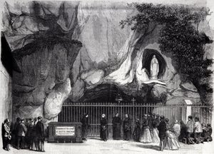 View of the cave of Lourdes in the High Pyrenees where the Virgin appeared to Bernadette Soubirous (1844-1879) in 1858, present place of pilgrimage. Engraving of the 19th century by Unknown artist