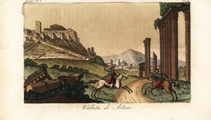 View of the city of Athens, Greece, with the Acropolis and Parthenon at left, ruins of columns, monuments and Propylaea in front by Unknown artist
