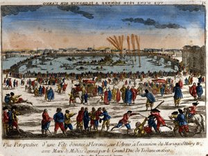 View of the feast given in Florence on the banks of the Arno River by the Grand Duke of Tuscany on the occasion of the wedding of Henry IV with Mary of Medici in 1600. Engraving.