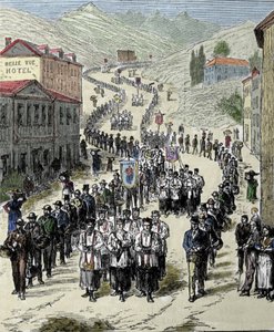 View of the procession from the station to the cave of Lourdes in the High Pyrenees where the Virgin appeared to Bernadette Soubirous in 1858, present place of pilgrimage. Engraving of the 19th century by Unknown artist