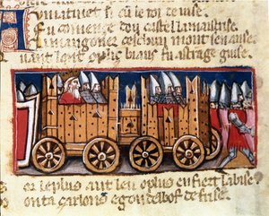 War machines, precursor of the weapon tank, used by Charlemagne against the Moors of Spain - in Entrance of Spain, manuscript of the 14th century. Biblioteca Marciana, Venice by Unknown artist