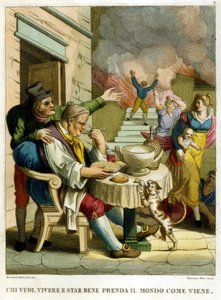 “Whoever wants to enjoy life and live well must take the world as it comes”. Collection of proverbs, engraving from the end of the 18th century